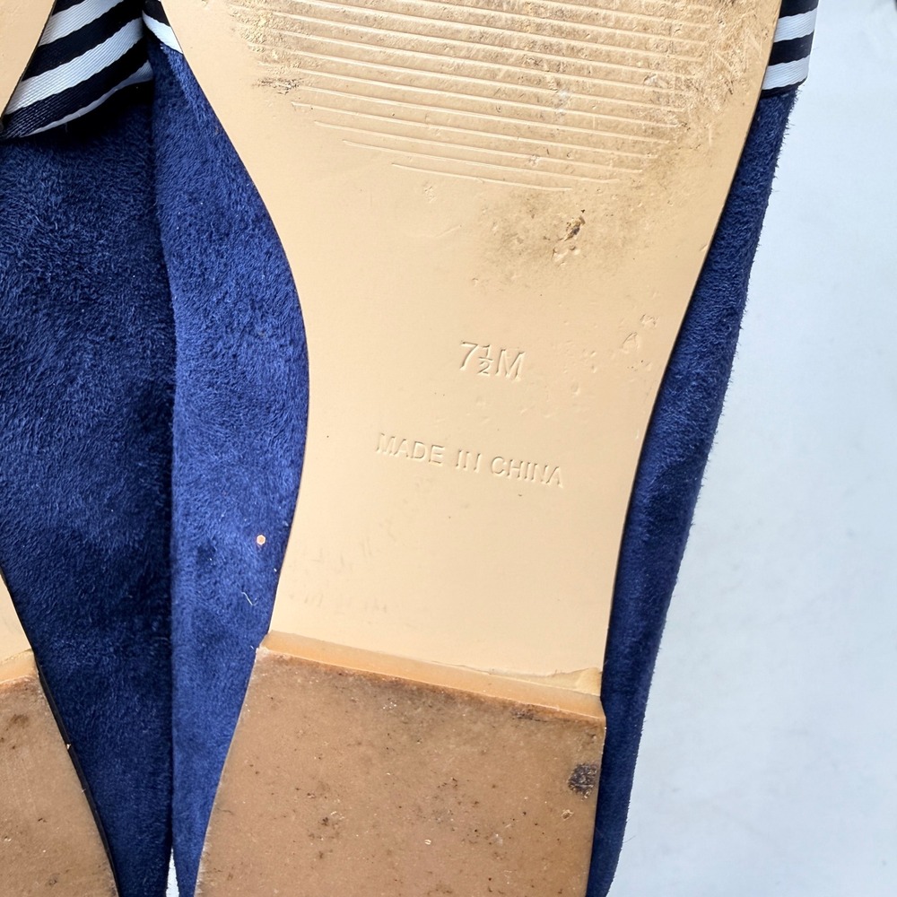 Talbots Flats Navy Blue Suede 7.5M Striped Bow Square Toe Loafers Preppy Classic - Picture 8 of 10